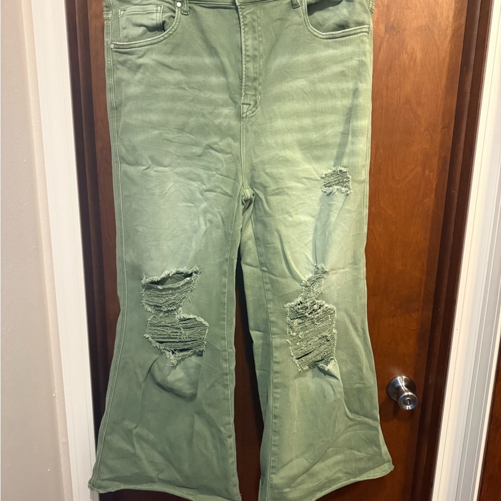 Olive Distressed Flare & Wide Leg Jeans